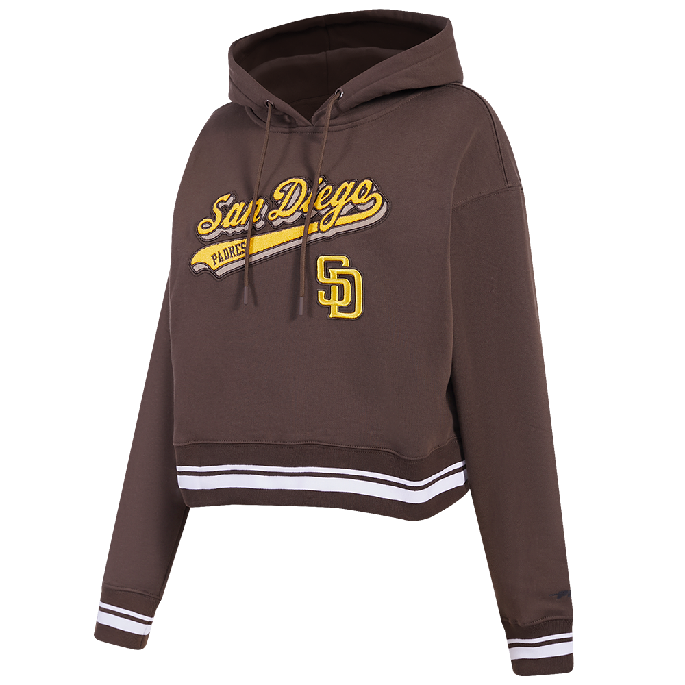 MLB SAN DIEGO PADRES SCRIPT TAIL WOMEN'S RIB FLEECE CROPPED PULLOVER HOODIE (BROWN)