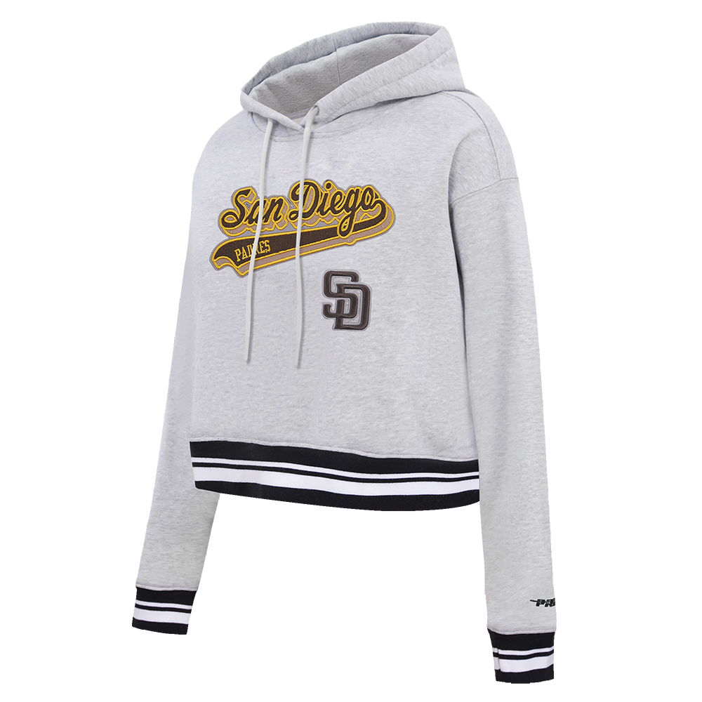 MLB SAN DIEGO PADRES SCRIPT TAIL WOMEN'S RIB FLEECE CROPPED PULLOVER HOODIE (HEATHER GRAY/BLACK)