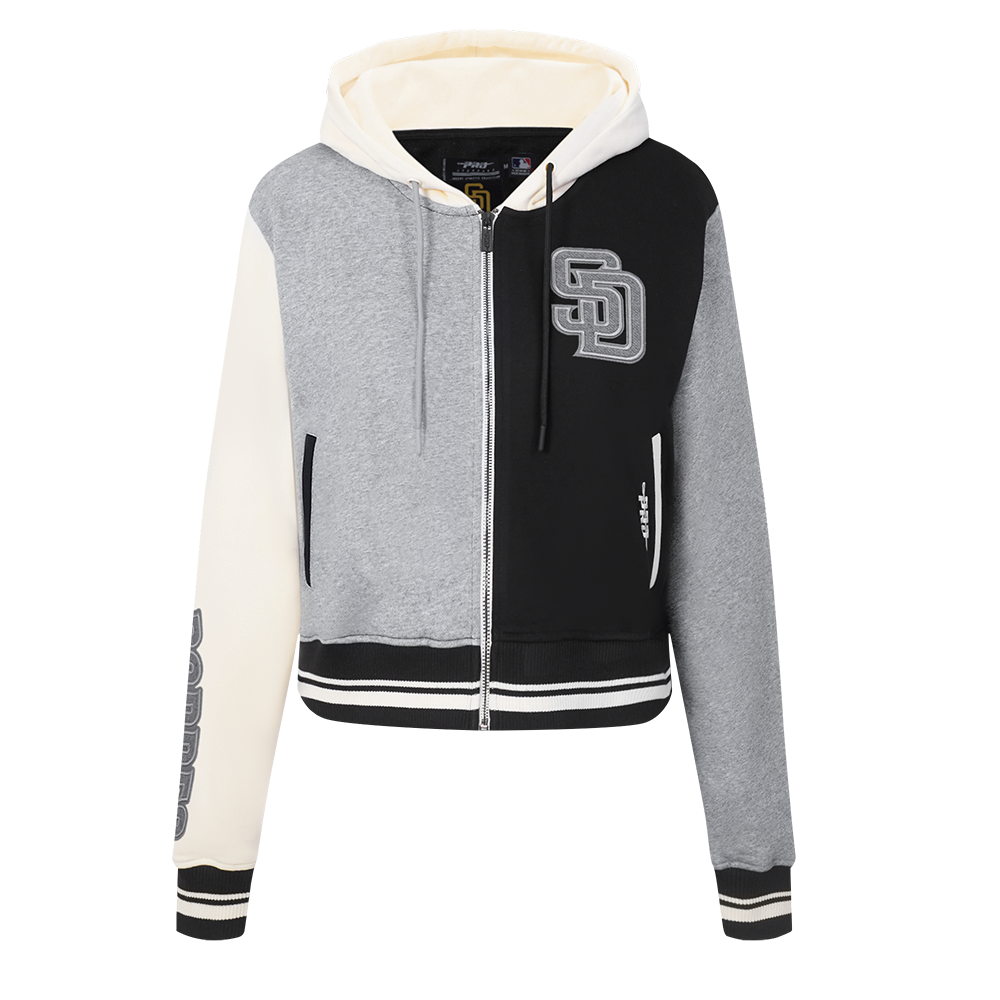 MLB SAN DIEGO PADRES REVERSE FRENCH TERRY CHANDAIL À CAPUCHON COURT À GLISSIÈRE POUR FEMME (NOIR/GRIS/COQUILLE D'ŒUF)