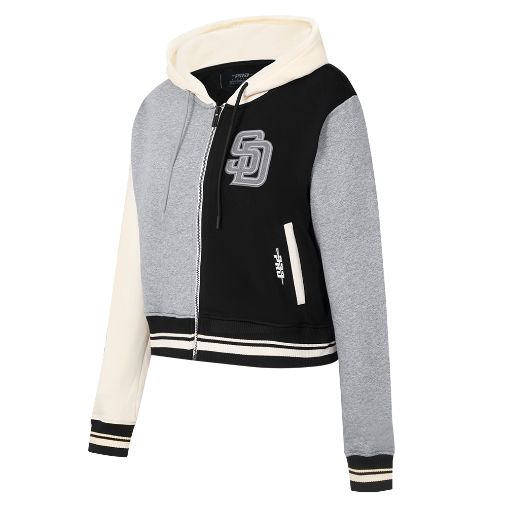 MLB SAN DIEGO PADRES REVERSE FRENCH TERRY WOMEN'S CROPPED FULL ZIP HOODIE (BLACK/GRAY/EGGSHELL)