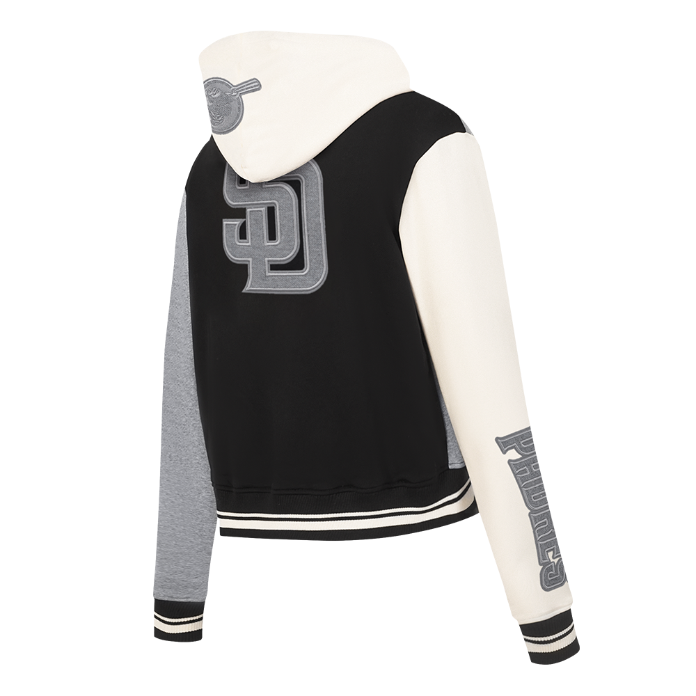MLB SAN DIEGO PADRES REVERSE FRENCH TERRY WOMEN'S CROPPED FULL ZIP HOODIE (BLACK/GRAY/EGGSHELL)