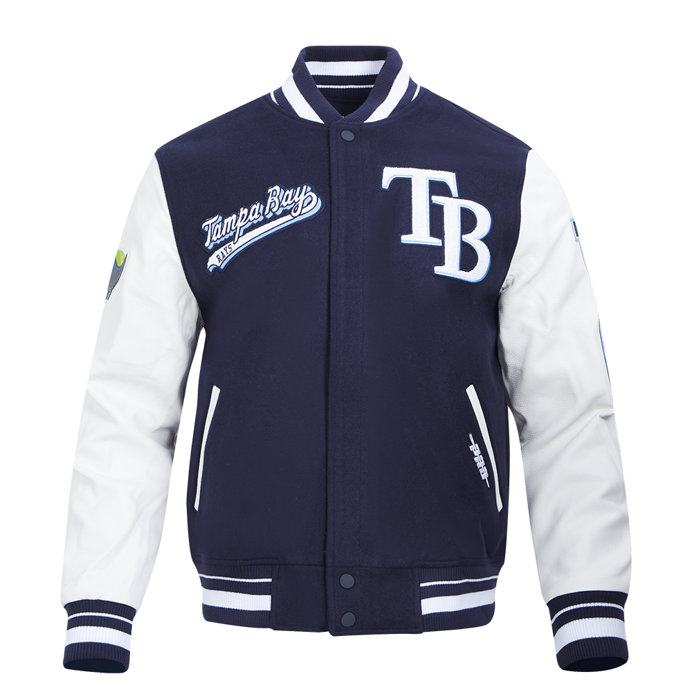 MLB TAMPA BAY RAYS SCRIPT TAIL MEN'S VARSITY JACKET (MIDNIGHT NAVY/WHITE)