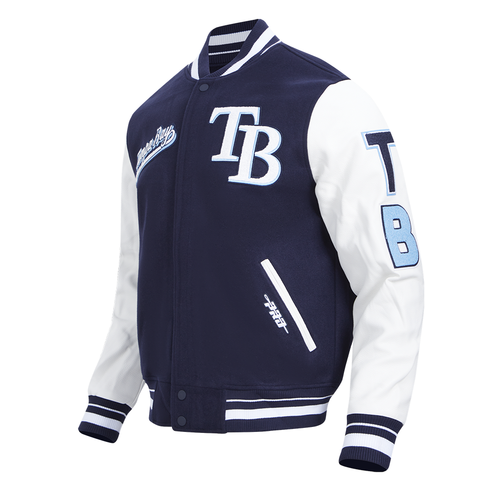 MLB TAMPA BAY RAYS SCRIPT TAIL MEN'S VARSITY JACKET (MIDNIGHT NAVY/WHITE)