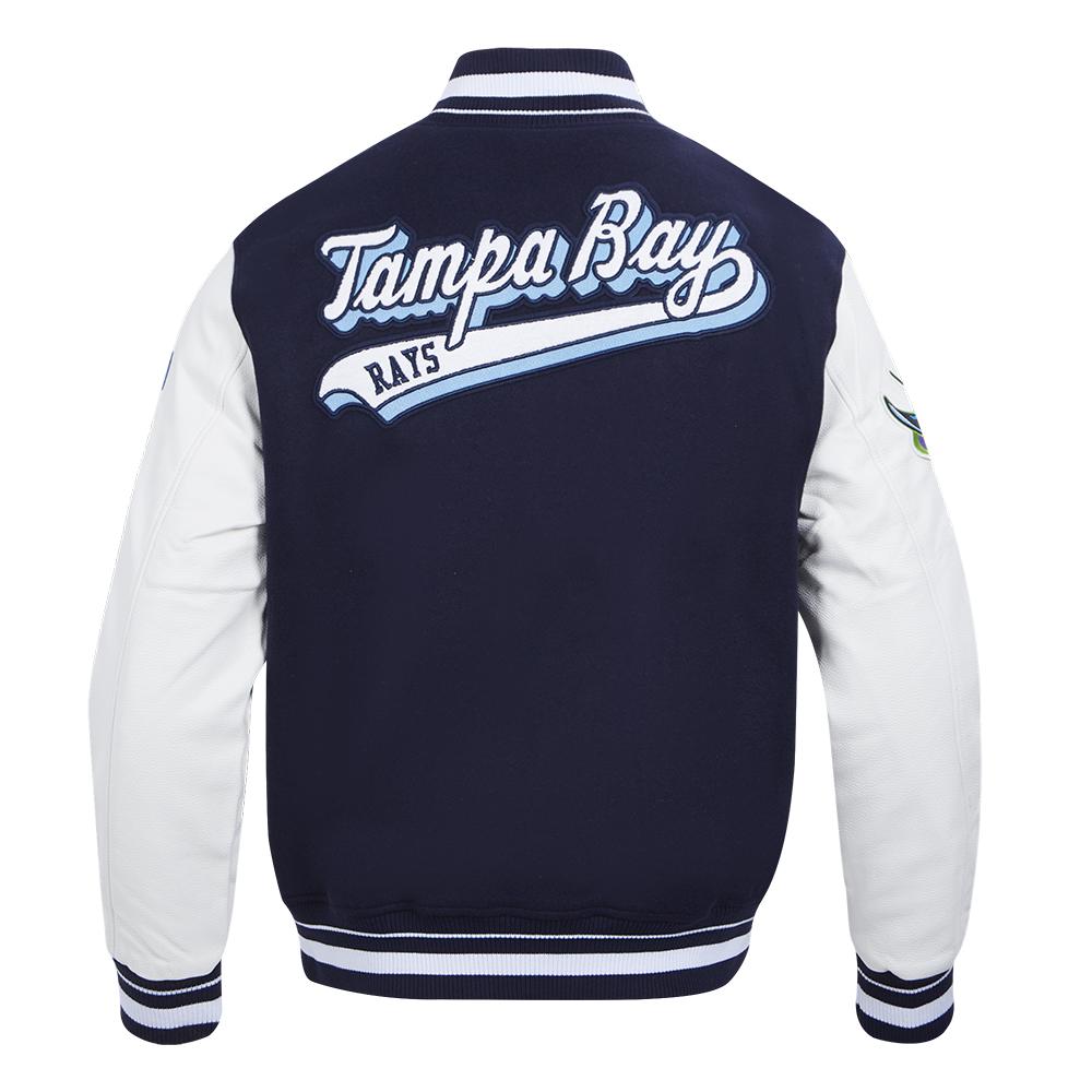 MLB TAMPA BAY RAYS SCRIPT TAIL MEN'S VARSITY JACKET (MIDNIGHT NAVY/WHITE)