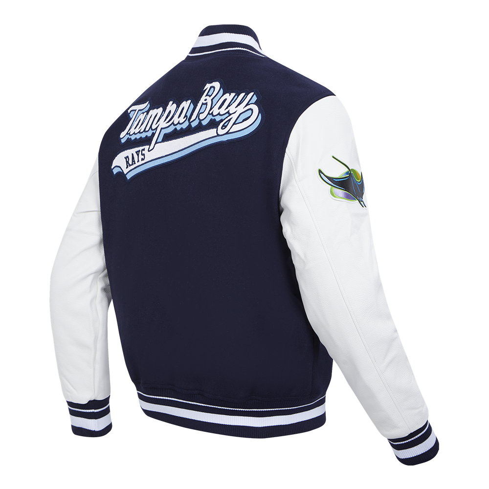 MLB TAMPA BAY RAYS SCRIPT TAIL MEN'S VARSITY JACKET (MIDNIGHT NAVY/WHITE)