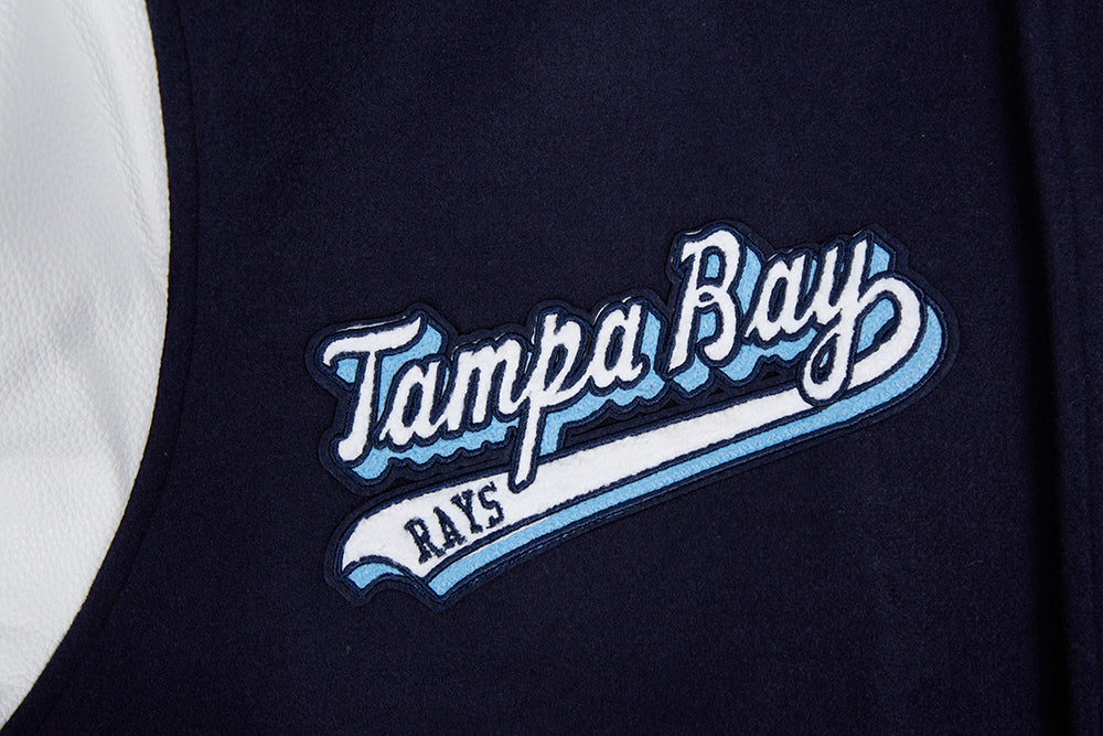 MLB TAMPA BAY RAYS SCRIPT TAIL MEN'S VARSITY JACKET (MIDNIGHT NAVY/WHITE)