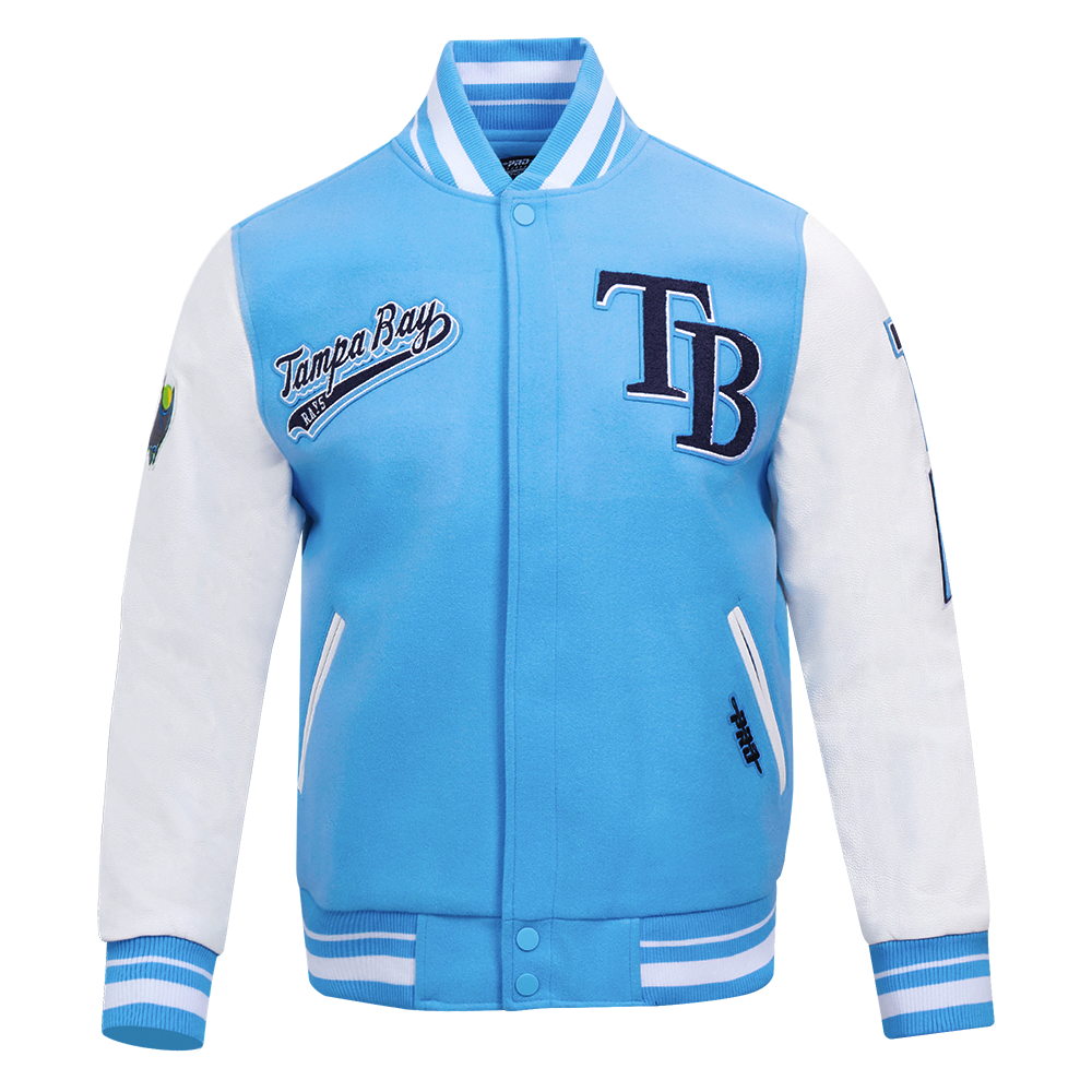 MLB TAMPA BAY RAYS SCRIPT TAIL MEN'S VARSITY JACKET (UNIVERSITY BLUE/WHITE)