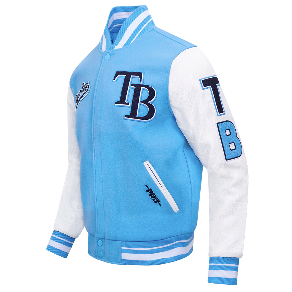MLB TAMPA BAY RAYS SCRIPT TAIL MEN'S VARSITY JACKET (UNIVERSITY BLUE/WHITE)