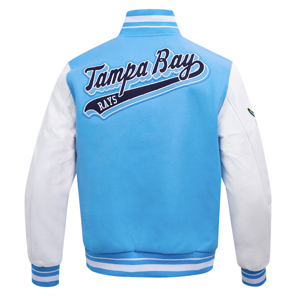 MLB TAMPA BAY RAYS SCRIPT TAIL MEN'S VARSITY JACKET (UNIVERSITY BLUE/WHITE)