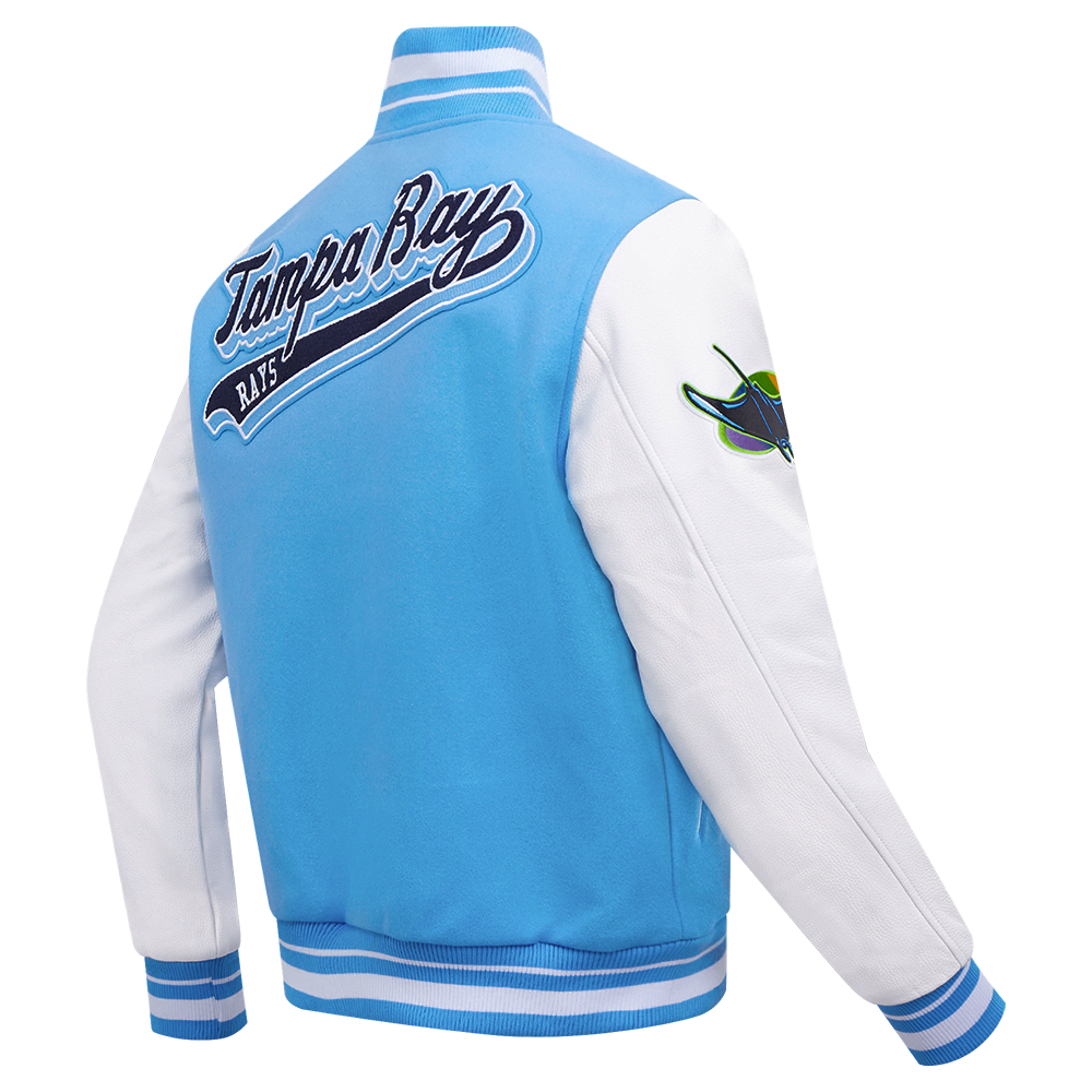 MLB TAMPA BAY RAYS SCRIPT TAIL MEN'S VARSITY JACKET (UNIVERSITY BLUE/WHITE)