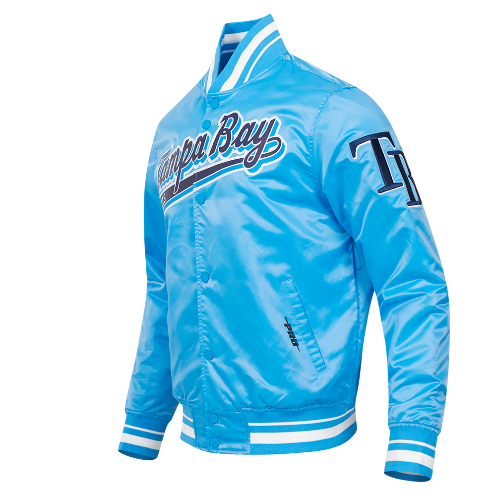 MLB TAMPA BAY RAYS SCRIPT TAIL BLOUSON EN SATIN POUR HOMME (BLEU UNIVERSITÉ)