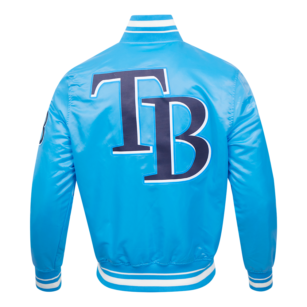MLB TAMPA BAY RAYS SCRIPT TAIL BLOUSON EN SATIN POUR HOMME (BLEU UNIVERSITÉ)