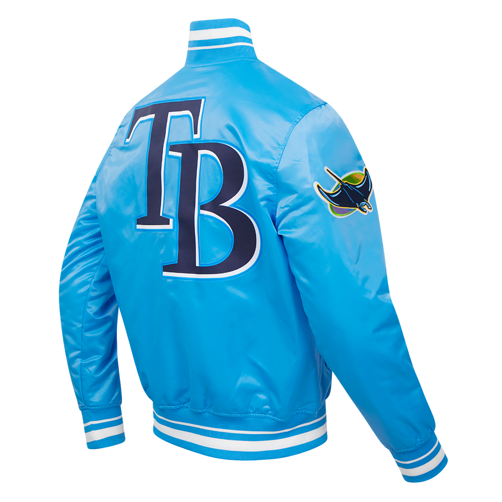 MLB TAMPA BAY RAYS SCRIPT TAIL BLOUSON EN SATIN POUR HOMME (BLEU UNIVERSITÉ)