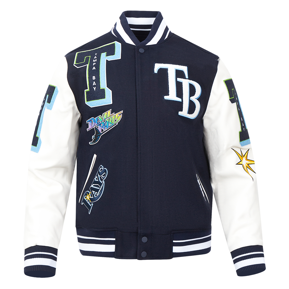 MLB TAMPA BAY RAYS MASH UP BLOUSON COLLÉGIAL EN LAINE À BORDS CÔTELÉS POUR HOMME (MARINE MINUIT/BLANC)