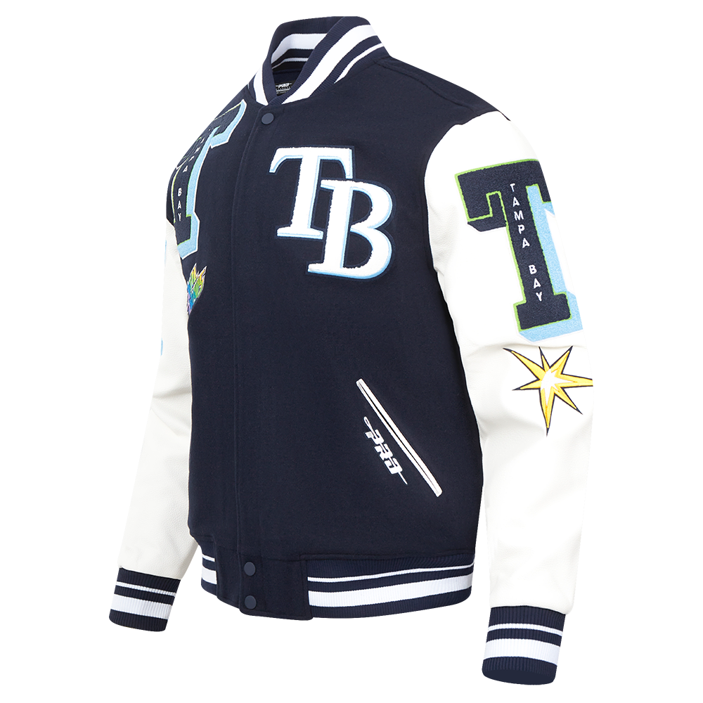 MLB TAMPA BAY RAYS MASH UP BLOUSON COLLÉGIAL EN LAINE À BORDS CÔTELÉS POUR HOMME (MARINE MINUIT/BLANC)