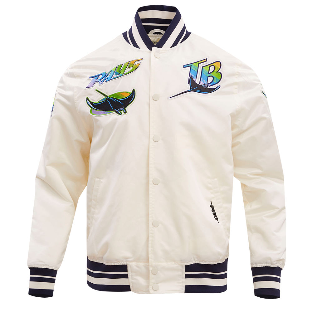 MLB TAMPA DEVIL RAYS RETRO CLASSIC MEN'S RIB SATIN JACKET (EGGSHELL/ MIDNIGHT NAVY)