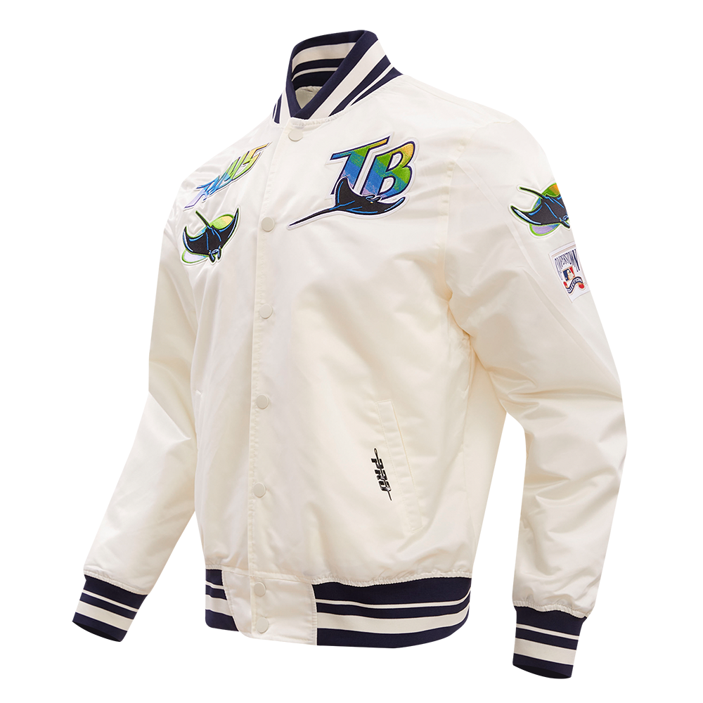 MLB TAMPA DEVIL RAYS RETRO CLASSIC MEN'S RIB SATIN JACKET (EGGSHELL/ MIDNIGHT NAVY)