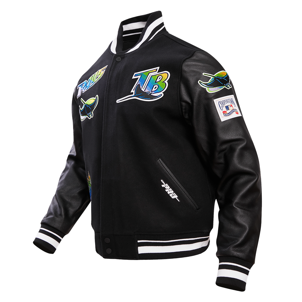 MLB TAMPA DEVIL RAYS RETRO CLASSIC MEN'S RIB WOOL VARSITY JACKET (BLACK/WHITE)