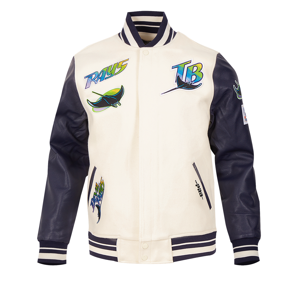 MLB TAMPA DEVIL RAYS RETRO CLASSIC MEN'S RIB WOOL VARSITY JACKET (EGGSHELL/ MIDNIGHT NAVY)