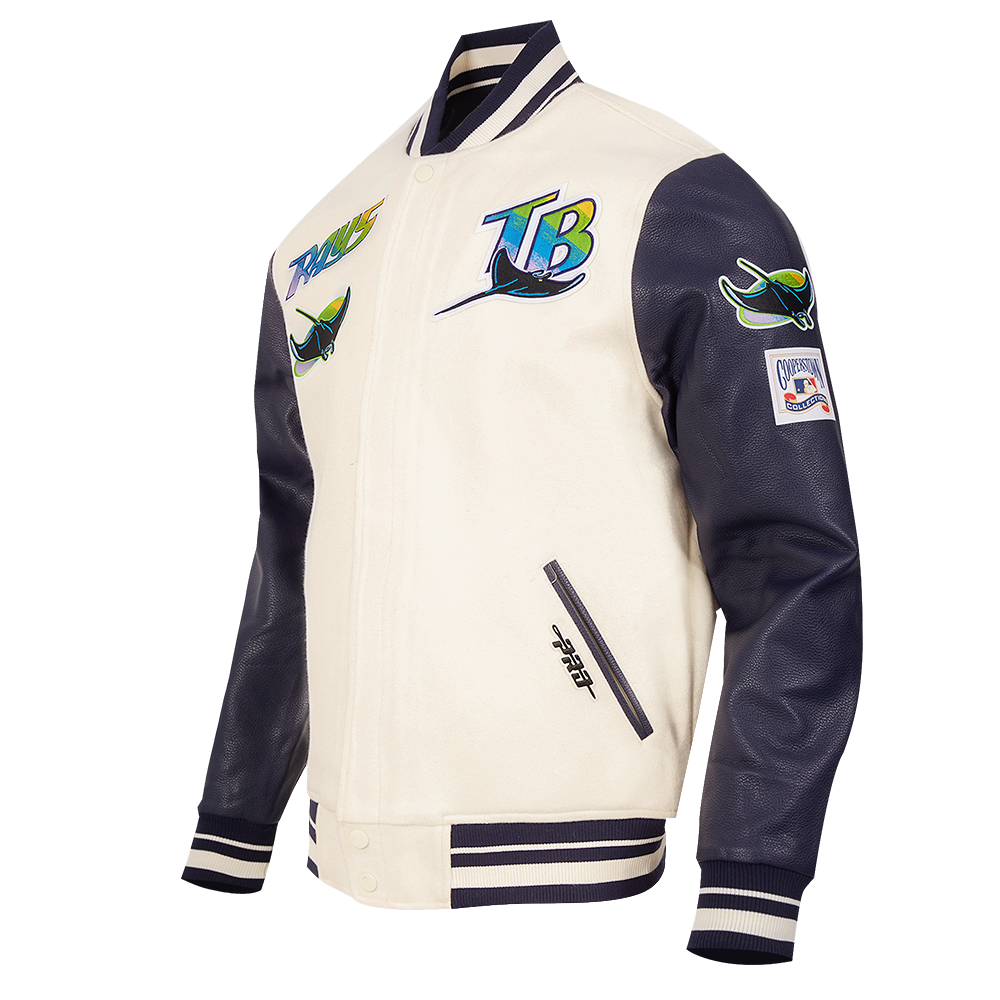 MLB TAMPA DEVIL RAYS RETRO CLASSIC MEN'S RIB WOOL VARSITY JACKET (EGGSHELL/ MIDNIGHT NAVY)