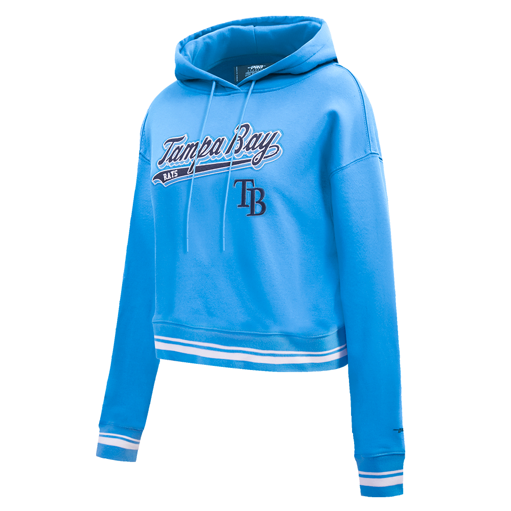 MLB TAMPA BAY RAYS SCRIPT TAIL WOMEN'S RIB FLEECE CROPPED PULLOVER HOODIE (UNIVERSITY BLUE)