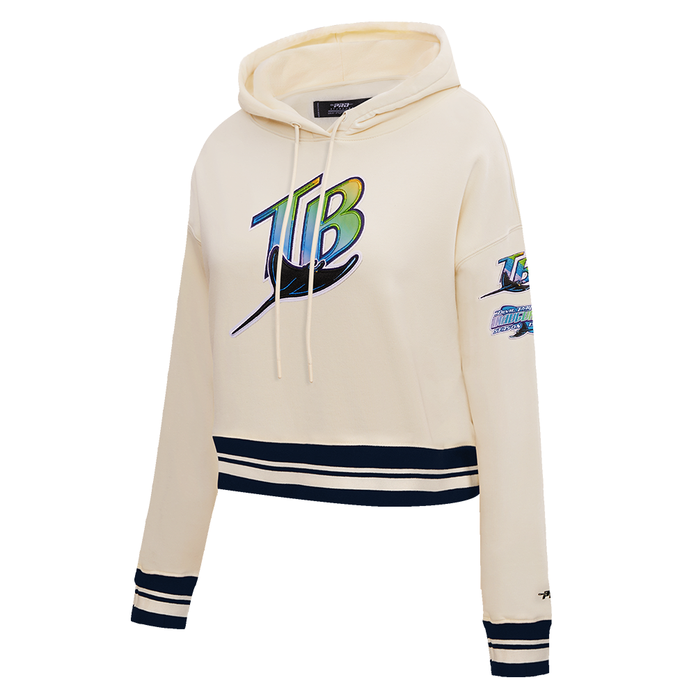 MLB TAMPA BAY RAYS RETRO CLASSIC WOMEN'S RIB CROPPED PULLOVER HOODIE (EGGSHELL/ MIDNIGHT NAVY)