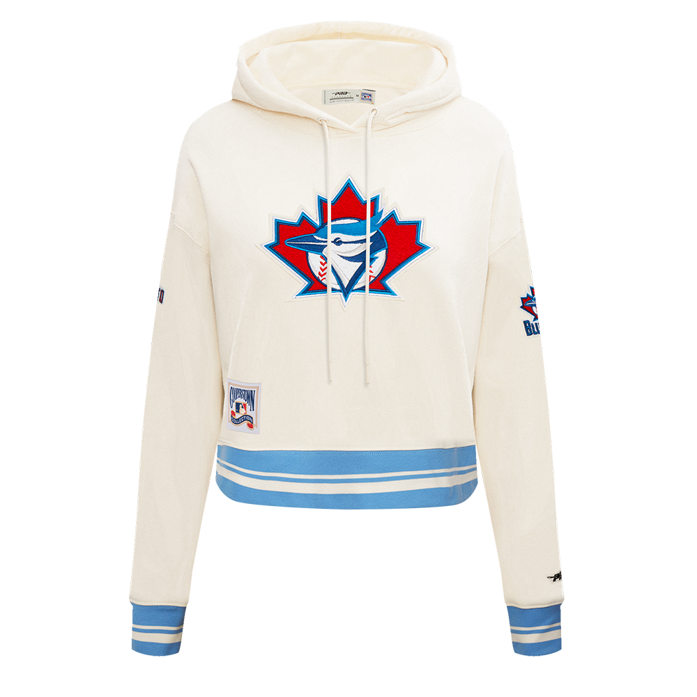MLB TORONTO BLUE JAYS RETRO CLASSIC WOMEN'S RIB CROPPED PULLOVER HOODIE (EGGSHELL/ UNIVERSITY BLUE)