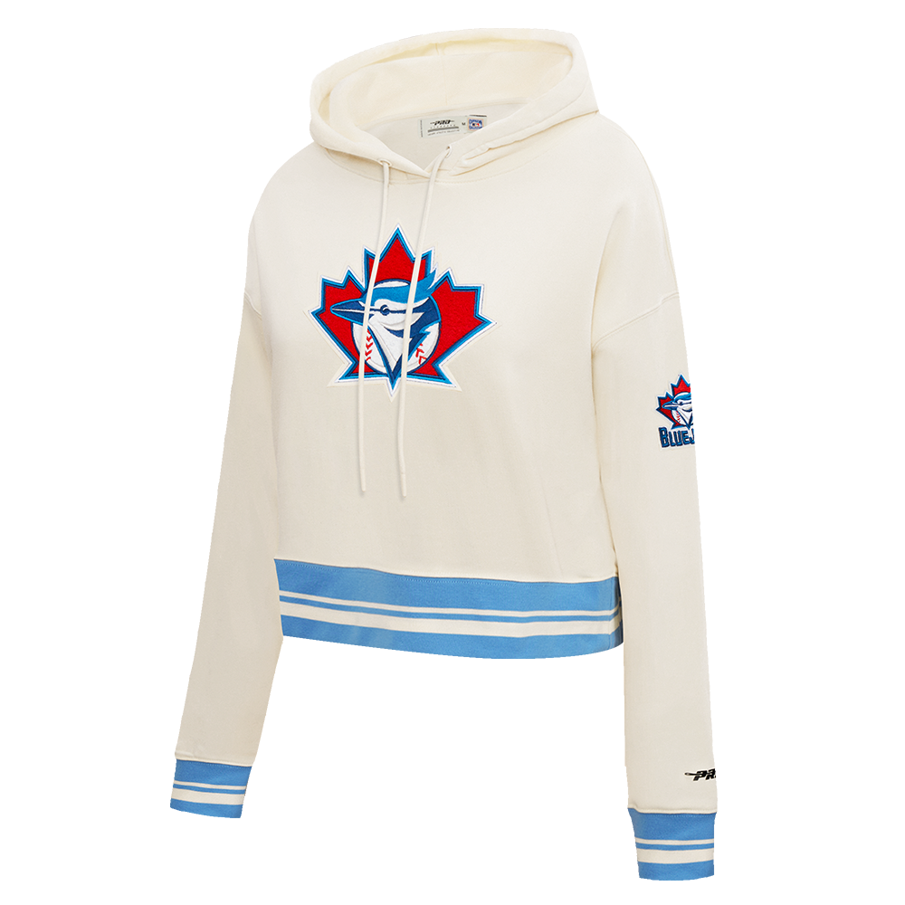 MLB TORONTO BLUE JAYS RETRO CLASSIC WOMEN'S RIB CROPPED PULLOVER HOODIE (EGGSHELL/ UNIVERSITY BLUE)