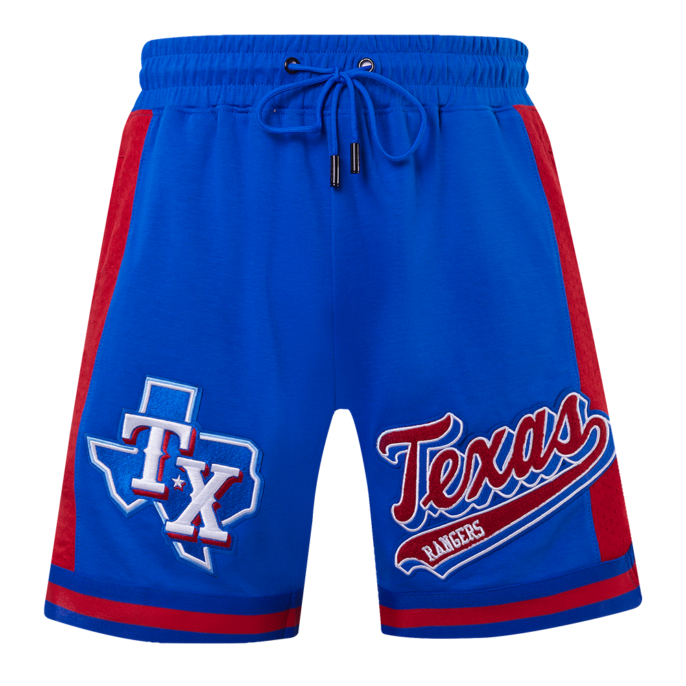 MLB TEXAS RANGERS SCRIPT TAIL SHORT EN MAILLE DOUBLE 2.0 POUR HOMME (BLEU ROYAL/ROUGE)