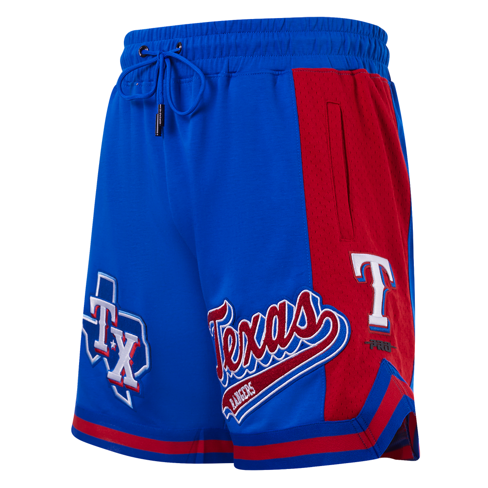 MLB TEXAS RANGERS SCRIPT TAIL SHORT EN MAILLE DOUBLE 2.0 POUR HOMME (BLEU ROYAL/ROUGE)