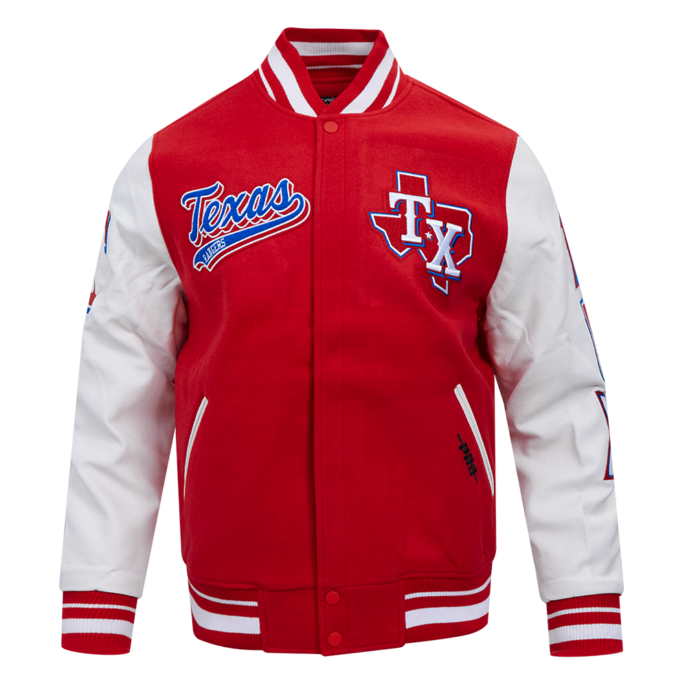 MLB TEXAS RANGERS SCRIPT TAIL MEN'S VARSITY JACKET (RED/WHITE)