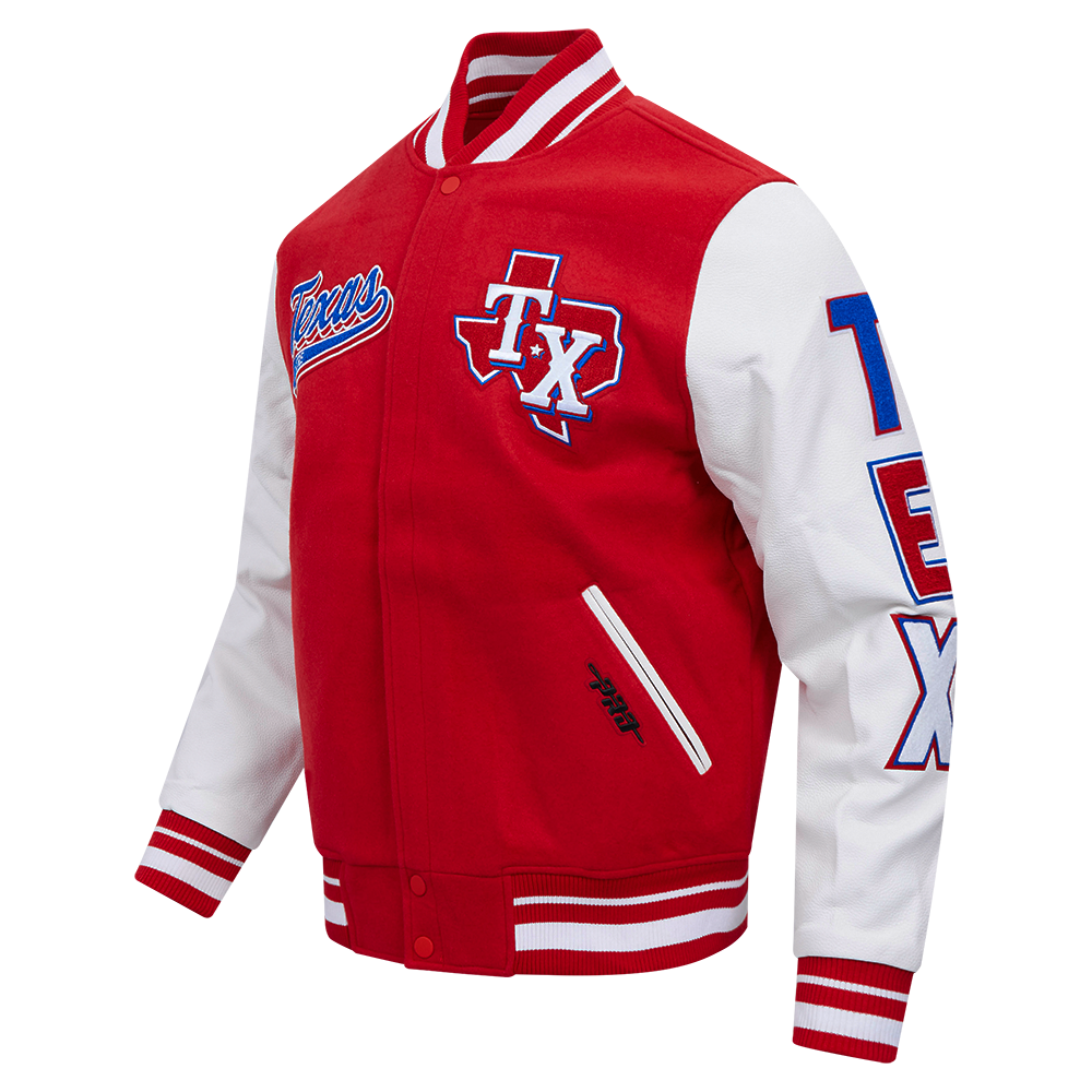 MLB TEXAS RANGERS SCRIPT TAIL MEN'S VARSITY JACKET (RED/WHITE)