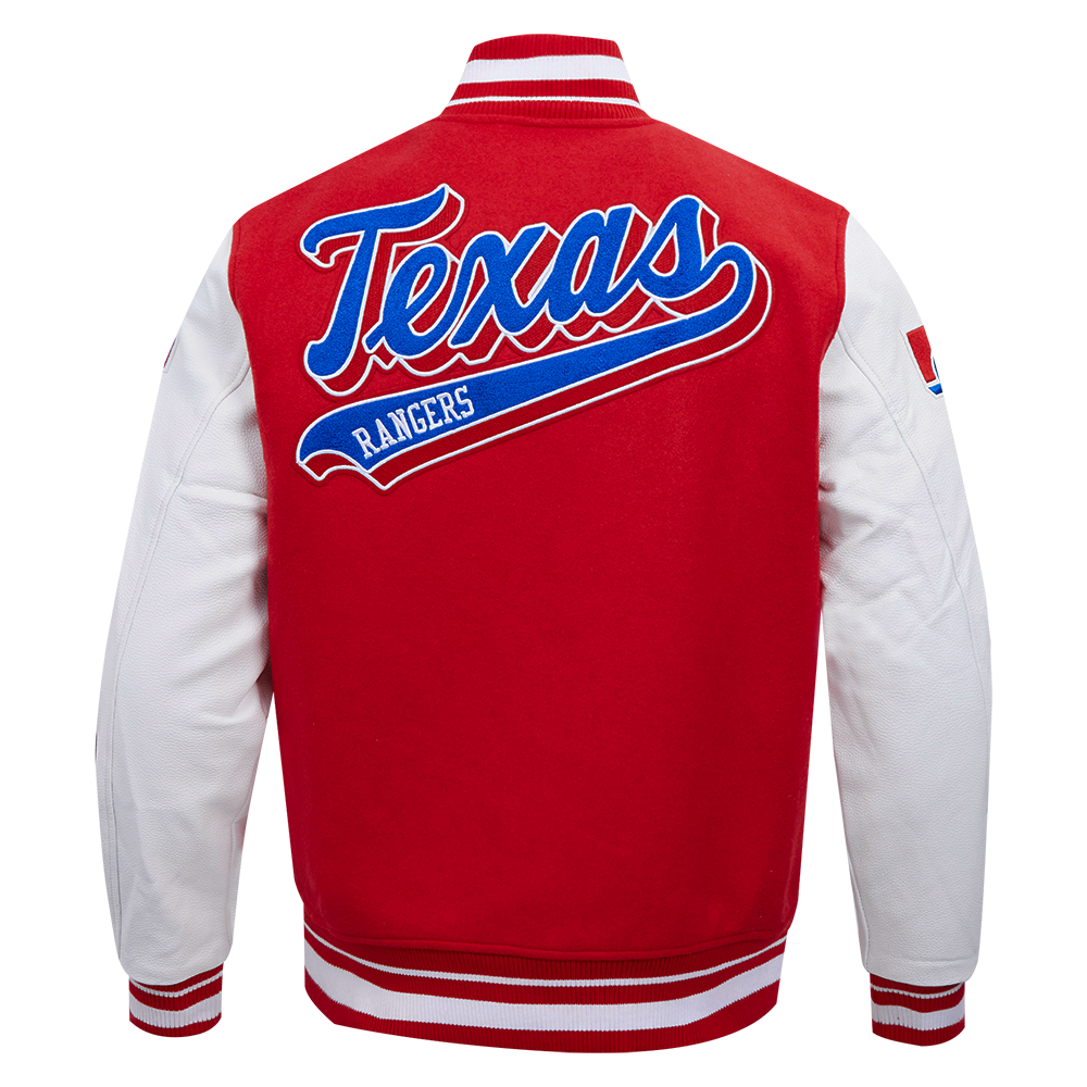 MLB TEXAS RANGERS SCRIPT TAIL MEN'S VARSITY JACKET (RED/WHITE)