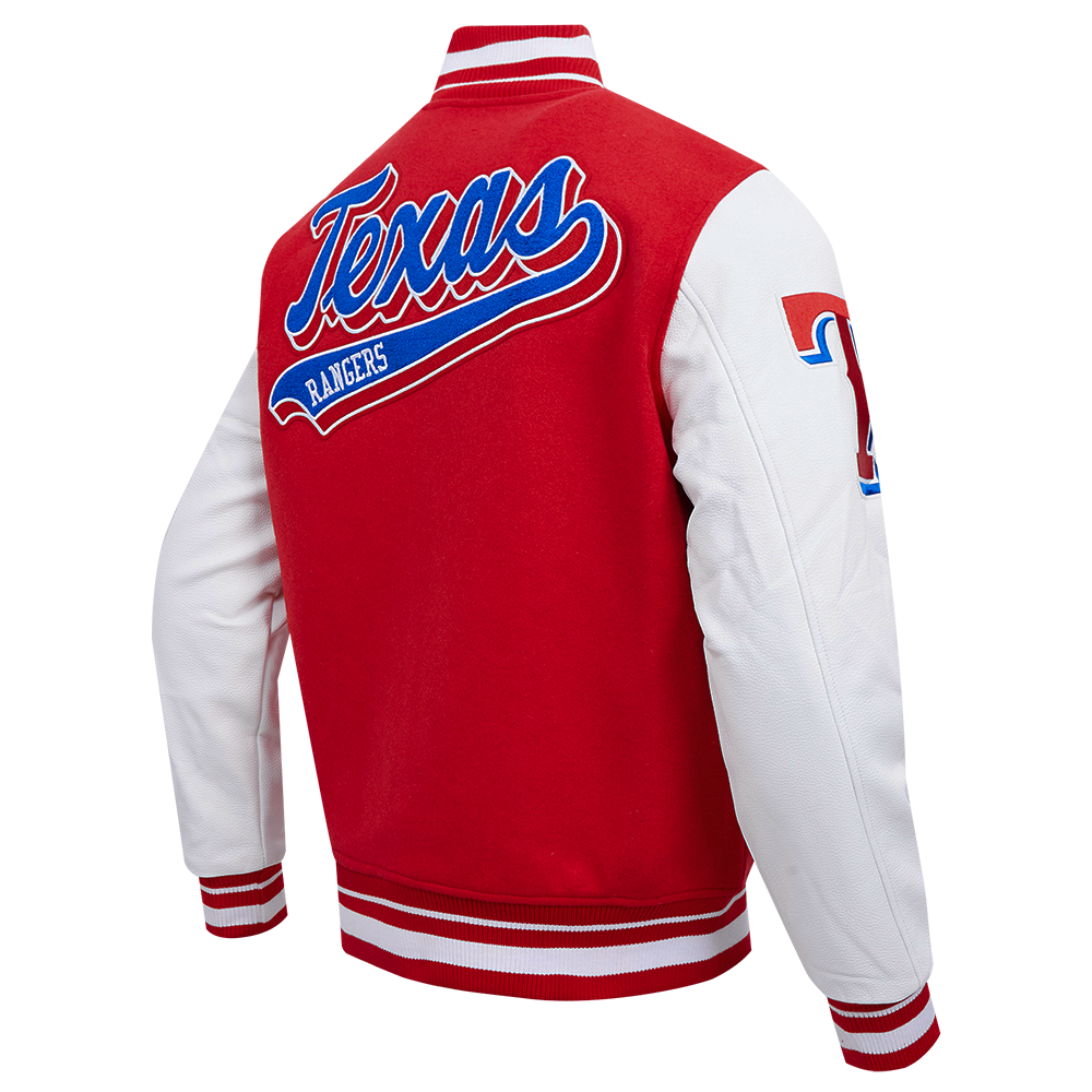 MLB TEXAS RANGERS SCRIPT TAIL MEN'S VARSITY JACKET (RED/WHITE)