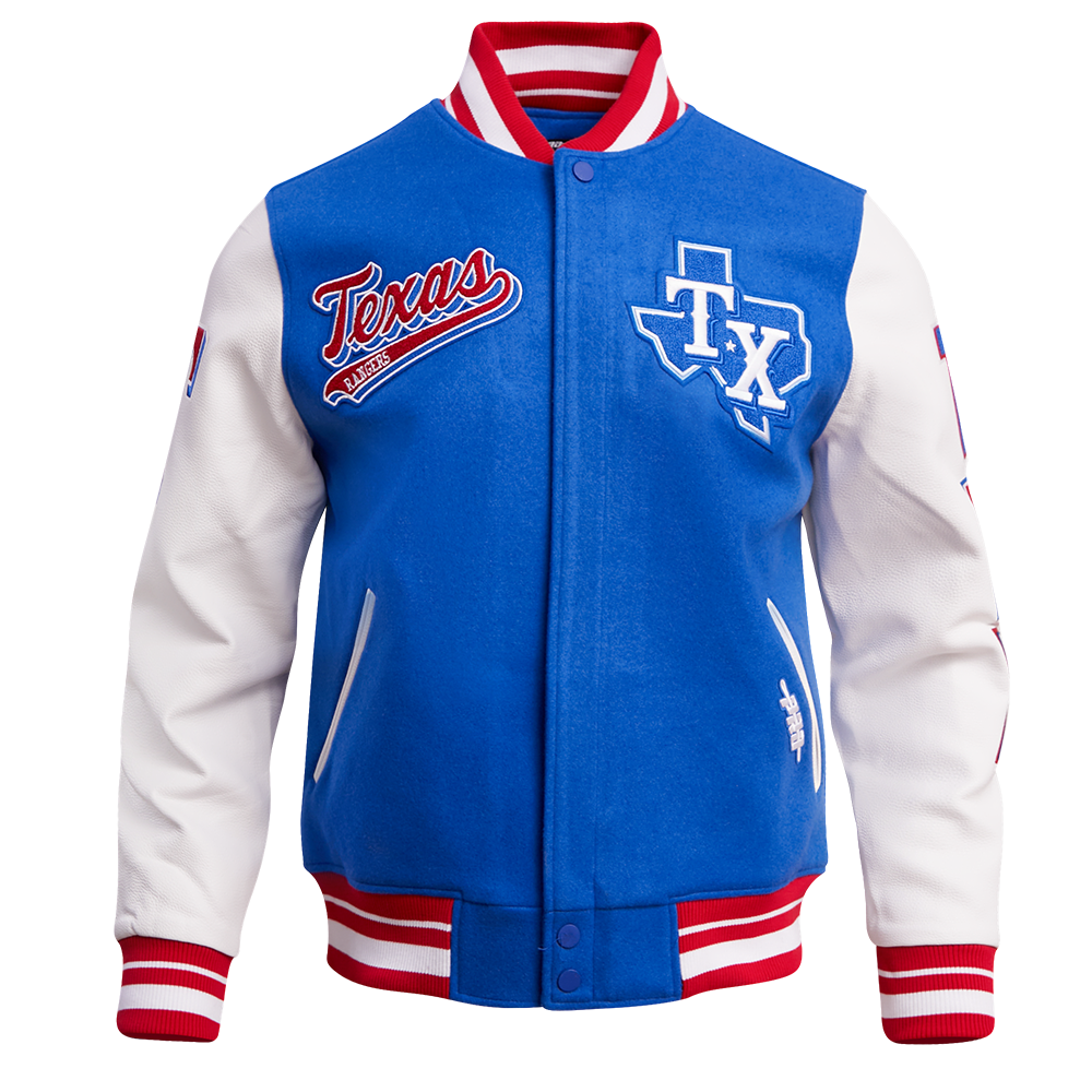MLB TEXAS RANGERS SCRIPT TAIL MEN'S VARSITY JACKET (ROYAL BLUE/RED)