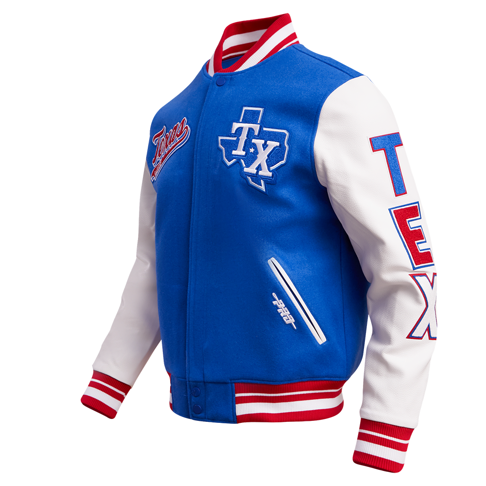 MLB TEXAS RANGERS SCRIPT TAIL MEN'S VARSITY JACKET (ROYAL BLUE/RED)