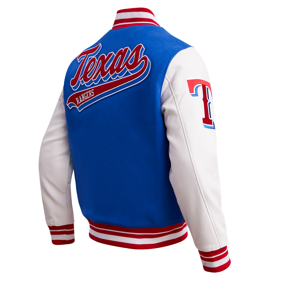 MLB TEXAS RANGERS SCRIPT TAIL MEN'S VARSITY JACKET (ROYAL BLUE/RED)