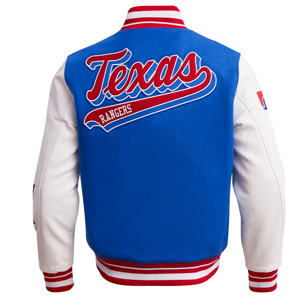 MLB TEXAS RANGERS SCRIPT TAIL MEN'S VARSITY JACKET (ROYAL BLUE/RED)