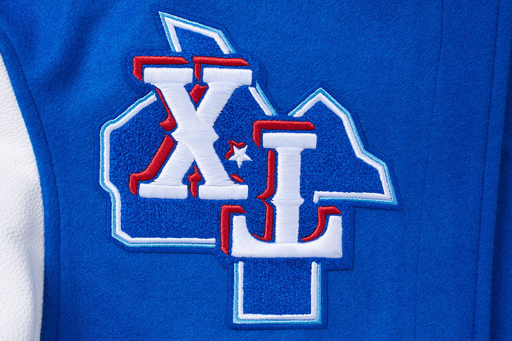 MLB TEXAS RANGERS MASH UP BLOUSON COLLÉGIAL EN LAINE À BORDS CÔTELÉS POUR HOMME (BLEU ROYAL/ROUGE)