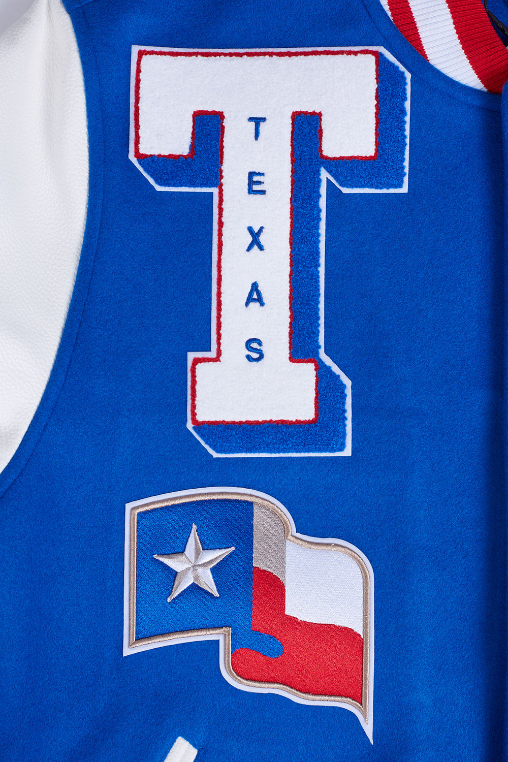 MLB TEXAS RANGERS MASH UP BLOUSON COLLÉGIAL EN LAINE À BORDS CÔTELÉS POUR HOMME (BLEU ROYAL/ROUGE)