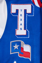 MLB TEXAS RANGERS MASH UP BLOUSON COLLÉGIAL EN LAINE À BORDS CÔTELÉS POUR HOMME (BLEU ROYAL/ROUGE)