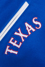 MLB TEXAS RANGERS MASH UP BLOUSON COLLÉGIAL EN LAINE À BORDS CÔTELÉS POUR HOMME (BLEU ROYAL/ROUGE)