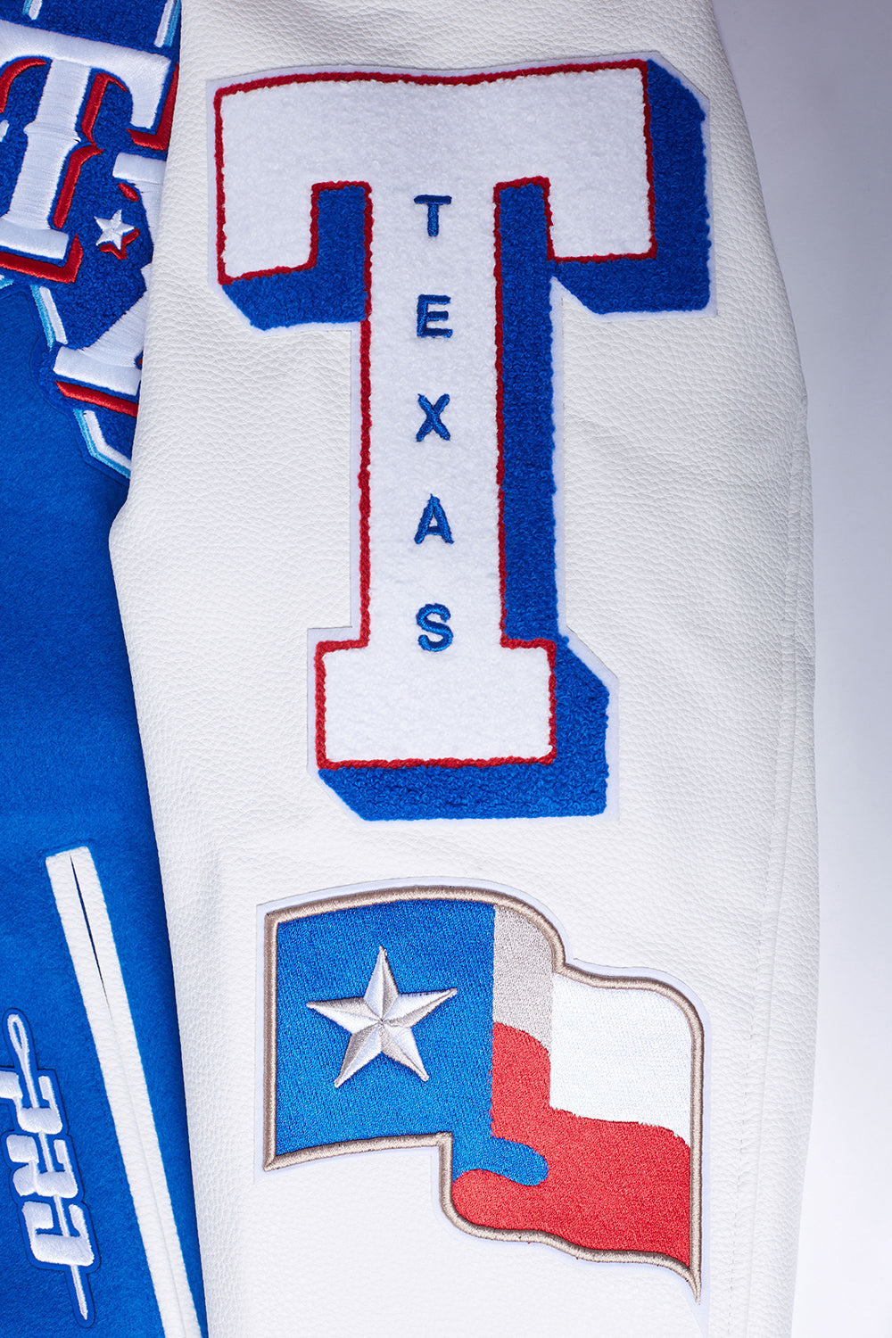 MLB TEXAS RANGERS MASH UP BLOUSON COLLÉGIAL EN LAINE À BORDS CÔTELÉS POUR HOMME (BLEU ROYAL/ROUGE)