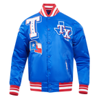 MLB TEXAS RANGERS MASH UP BLOUSON EN SATIN À BORDS CÔTELÉS POUR HOMME (BLEU ROYAL/ROUGE)