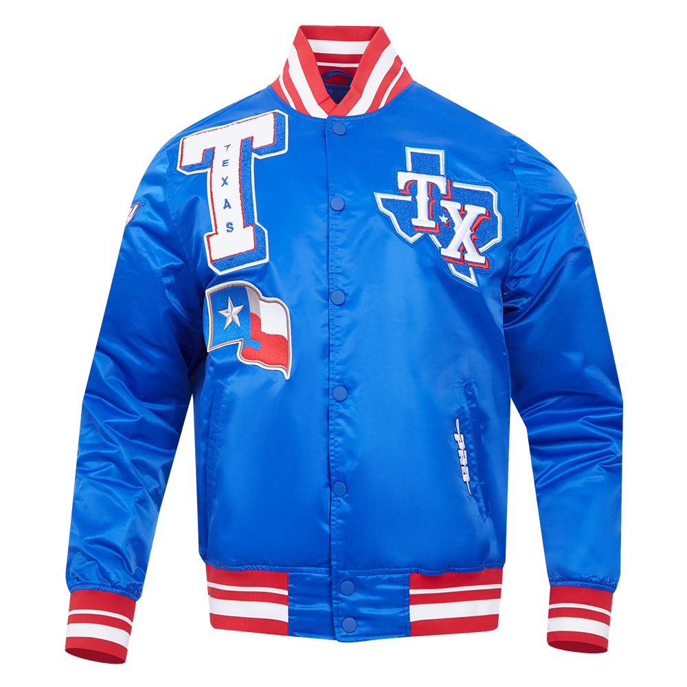 MLB TEXAS RANGERS MASH UP BLOUSON EN SATIN À BORDS CÔTELÉS POUR HOMME (BLEU ROYAL/ROUGE)