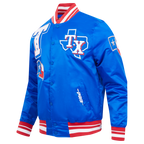 MLB TEXAS RANGERS MASH UP BLOUSON EN SATIN À BORDS CÔTELÉS POUR HOMME (BLEU ROYAL/ROUGE)
