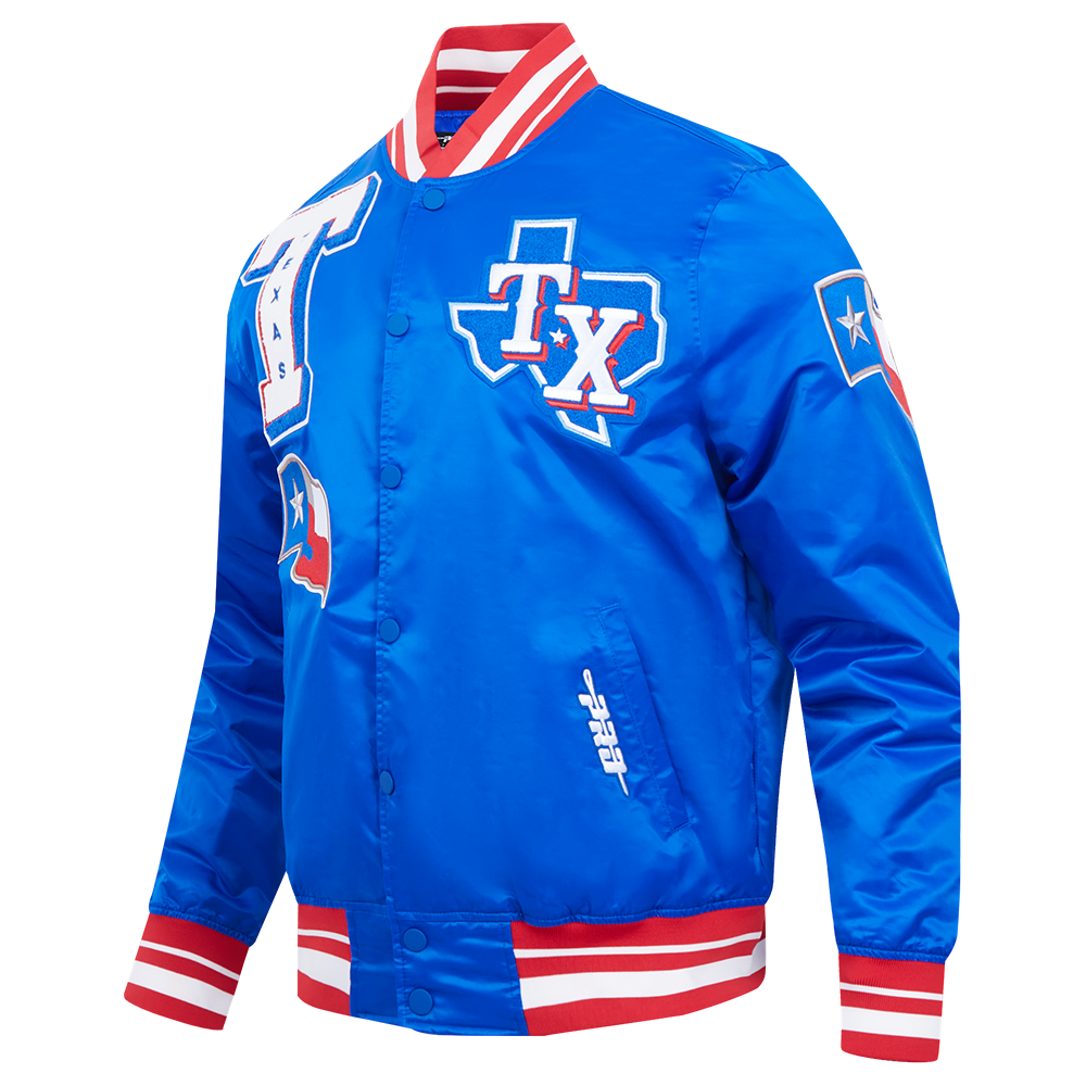 MLB TEXAS RANGERS MASH UP BLOUSON EN SATIN À BORDS CÔTELÉS POUR HOMME (BLEU ROYAL/ROUGE)