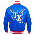 MLB TEXAS RANGERS MASH UP BLOUSON EN SATIN À BORDS CÔTELÉS POUR HOMME (BLEU ROYAL/ROUGE)