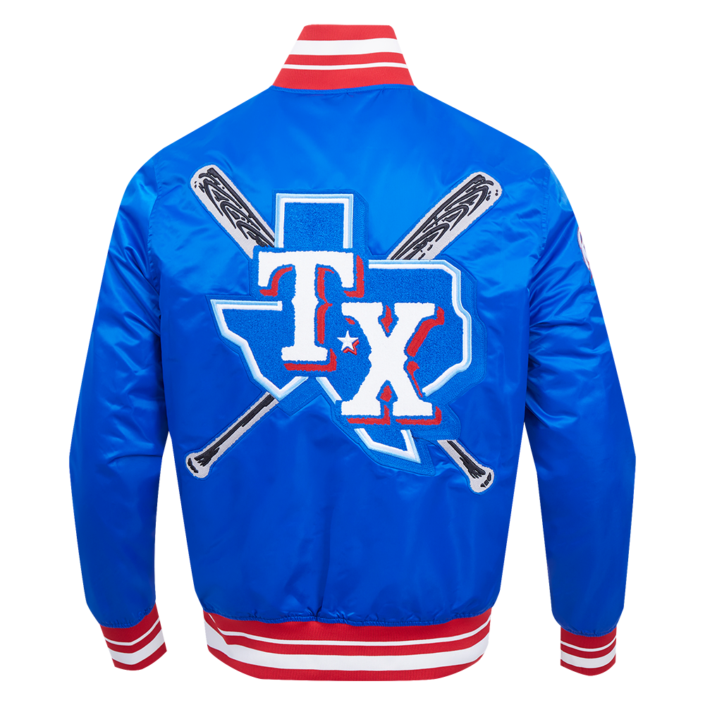 MLB TEXAS RANGERS MASH UP BLOUSON EN SATIN À BORDS CÔTELÉS POUR HOMME (BLEU ROYAL/ROUGE)