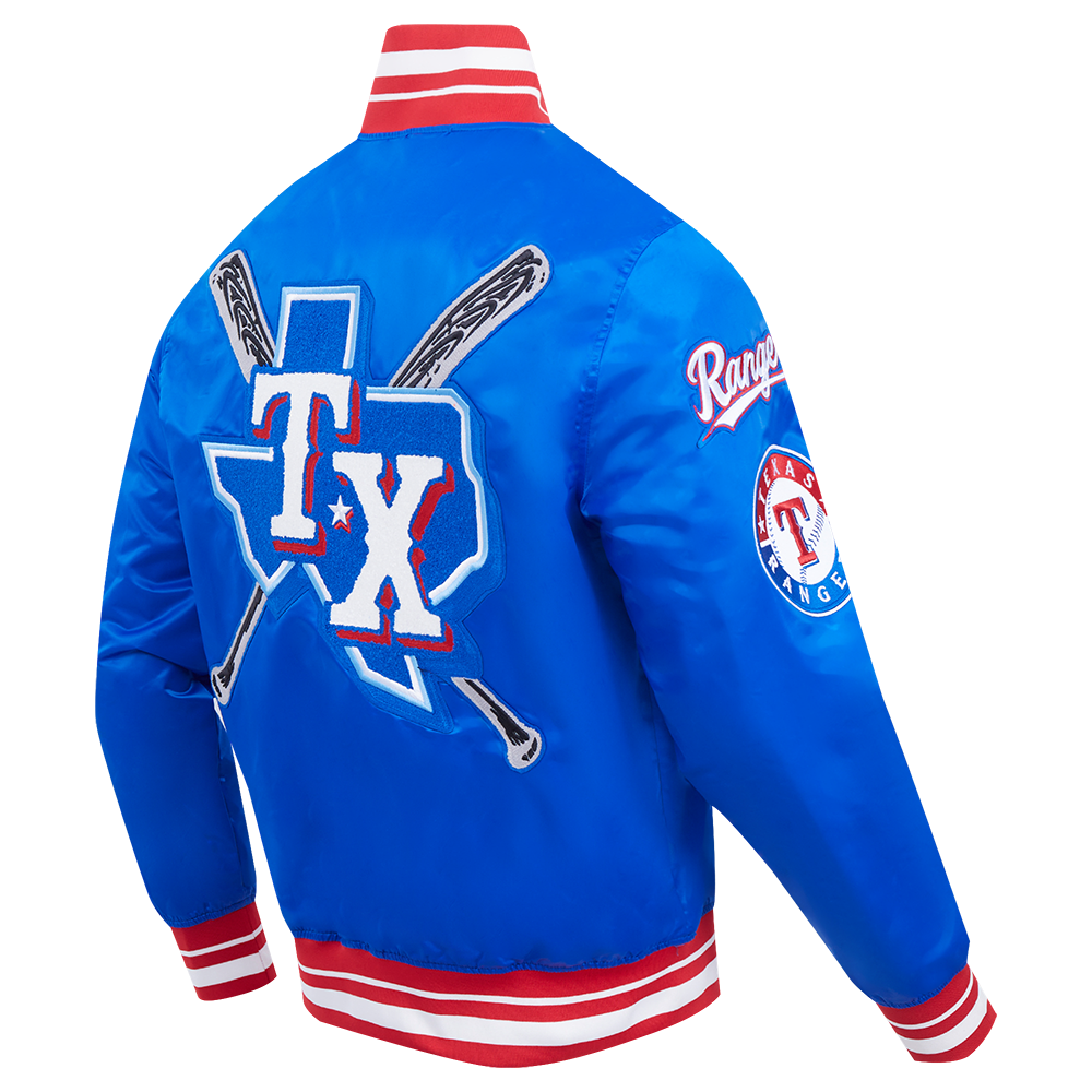 MLB TEXAS RANGERS MASH UP BLOUSON EN SATIN À BORDS CÔTELÉS POUR HOMME (BLEU ROYAL/ROUGE)